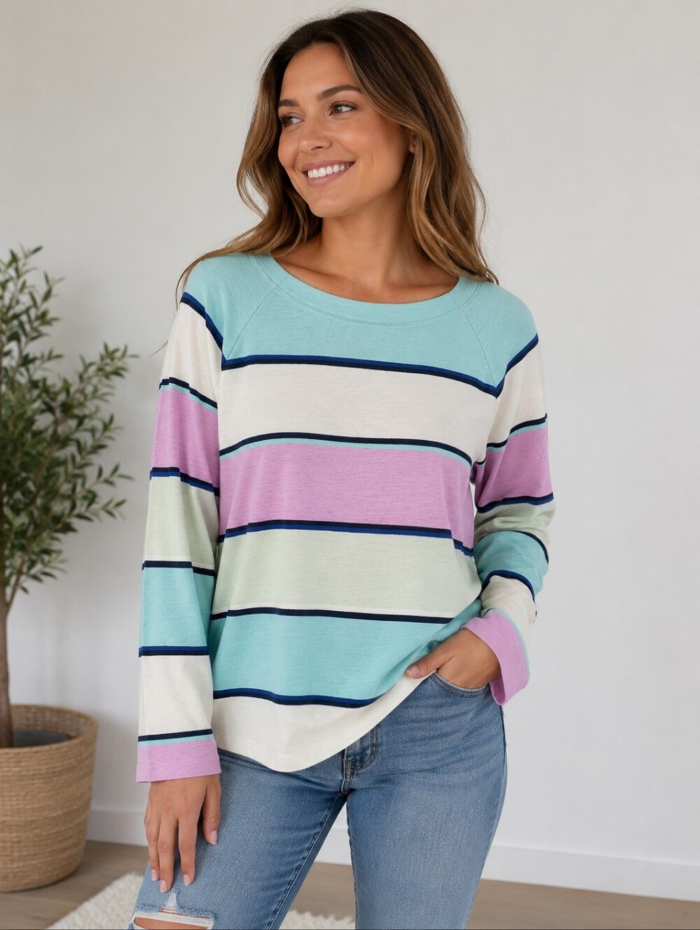 T By Talbots UPF 50+ Slub Terry Petites Striped Multicolor Sweatshirt